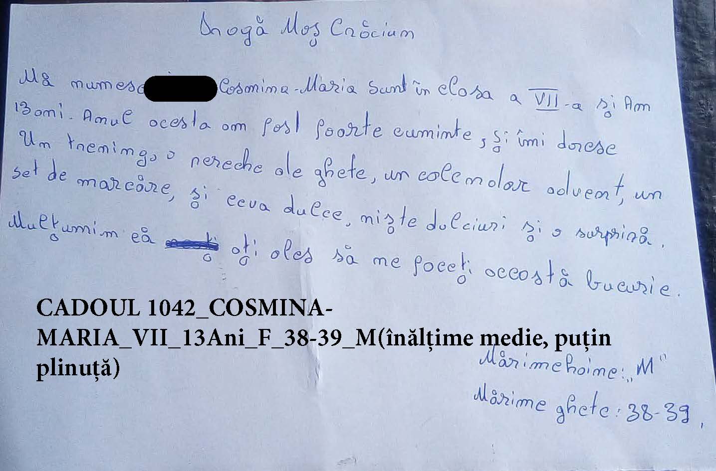 CADOUL 1042_COSMINA-MARIA_VII_13Ani_F_38-39_M(înălțime medie, puțin plinuță)